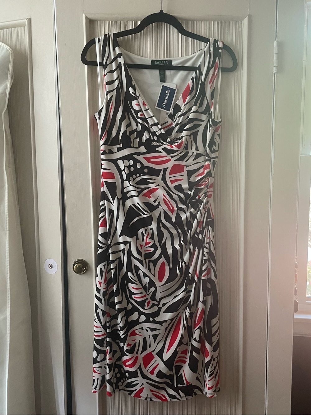 Ralph Lauren Black, White & Red Printed Sleeveless Cinched Dress